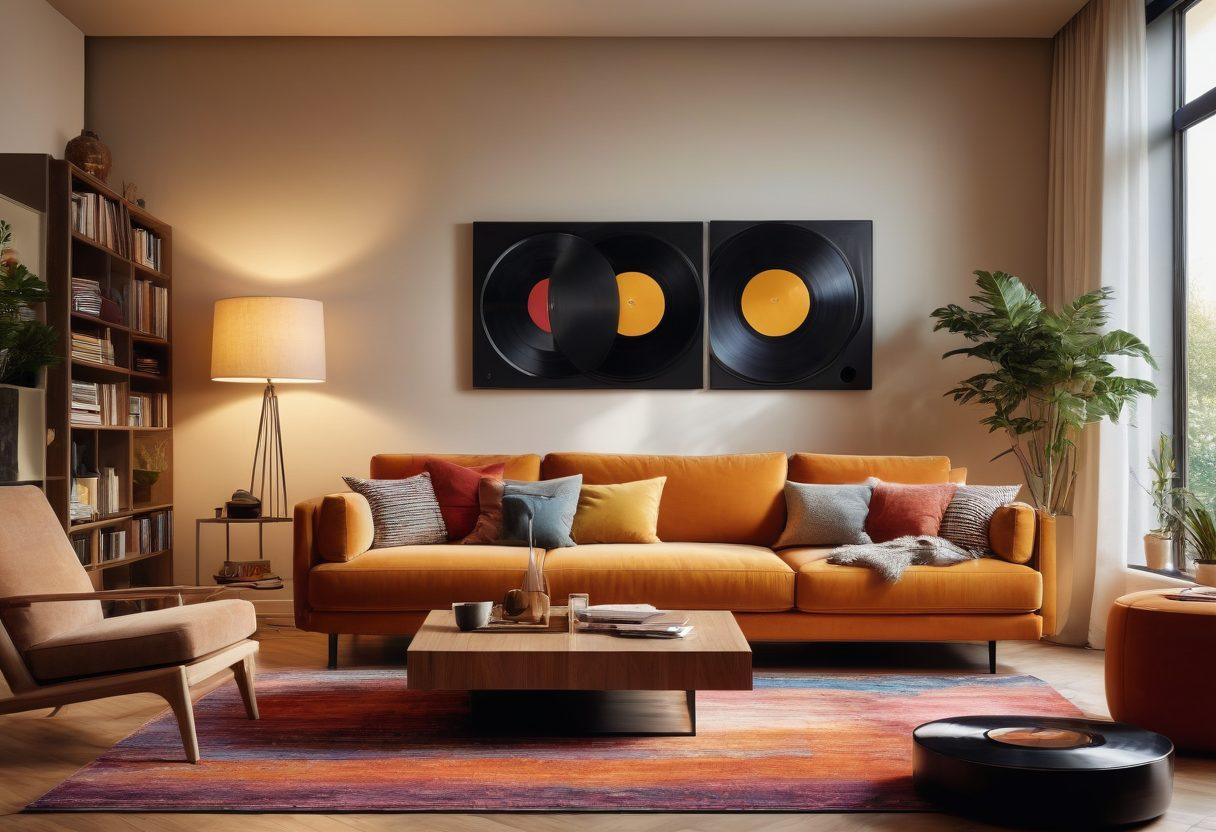 A cozy living room setup featuring a high-fidelity sound system with elegant speakers and vinyl records scattered around. Soft ambient lighting illuminates the space, creating a warm atmosphere. A person is joyfully immersed in music, with sound waves visually represented around them. The decor is modern yet inviting, enhancing the overall listening experience. super-realistic. vibrant colors. warm tones.