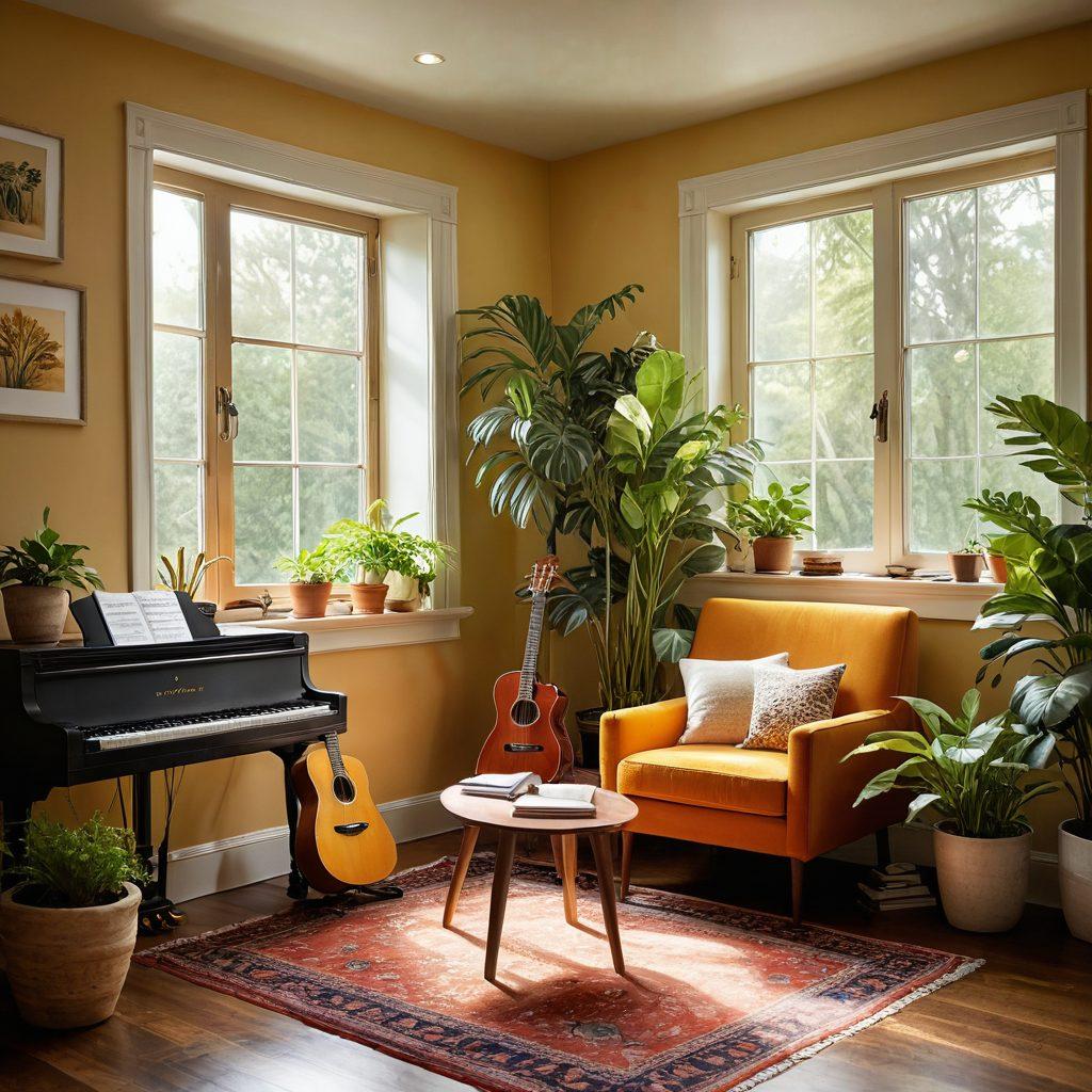 A cozy room filled with various musical instruments like a guitar, piano, and drums. Soft sunlight filters through a window, illuminating vibrant plants that add a touch of nature. Floating musical notes and sound waves colorfully swirl around the room, symbolizing the joy of sound. A comfortable chair is positioned for relaxation, inviting viewers to immerse themselves in the cheerful atmosphere. vibrant colors. super-realistic. warm lighting.
