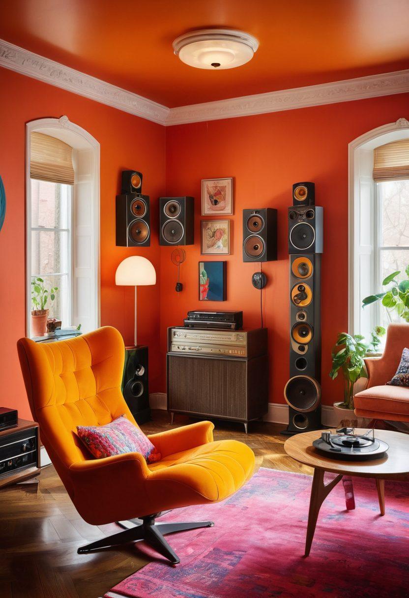 A captivating scene showcasing a retro-styled room filled with vintage stereophonic music systems, featuring vibrant speakers and vinyl records scattered around. Soft, colorful sound waves emanating from the speakers, creating a sense of rhythm and joy. A cozy seating arrangement with a warm glow illuminating the ambiance, hinting at a musical journey. A dreamy, nostalgic touch complements the design, inviting viewers into the world of music. super-realistic. vibrant colors. cozy atmosphere.